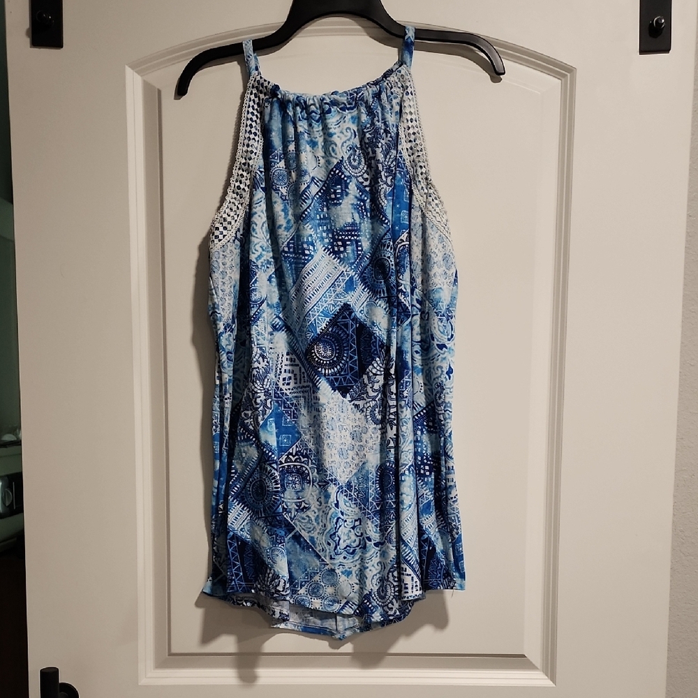 Blue Embellished Sleeveless Tank Top